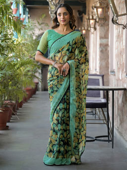 SATRANI - Green Floral Chiffon Printed Saree with Unstitched Blouse