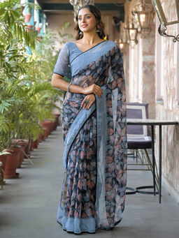 SATRANI - Grey Floral Chiffon Printed Saree with Unstitched Blouse