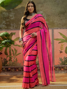 SATRANI - Multi-Colour Stripes Linen Printed Saree with Unstitched Blouse