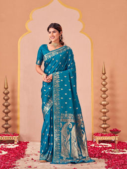 SATRANI - Blue Woven Silk Handloom Saree with Unstitched Blouse