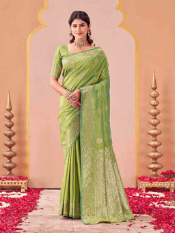 SATRANI - Green Woven Silk Handloom Saree with Unstitched Blouse