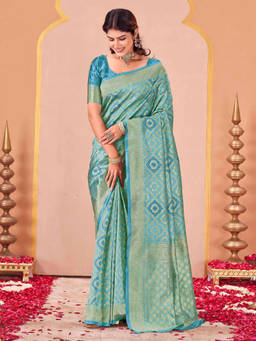 SATRANI - Blue Woven Silk Handloom Saree with Unstitched Blouse