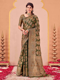 SATRANI - Green Woven Silk Handloom Saree with Unstitched Blouse