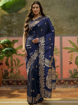 SATRANI - Navy Blue Woven Silk Handloom Saree with Unstitched Blouse