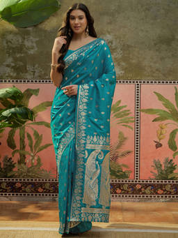 SATRANI - Blue Woven Silk Handloom Saree with Unstitched Blouse