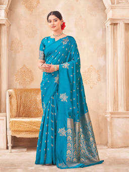 SATRANI - Blue Woven Silk Handloom Saree with Unstitched Blouse