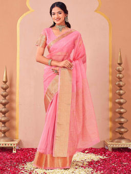 SATRANI - Pink Woven Organza Handloom Saree with Unstitched Blouse