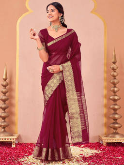 SATRANI - Maroon Woven Organza Handloom Saree with Unstitched Blouse