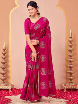 SATRANI - Pink Silk Blend Embroidered Saree with Unstitched Blouse