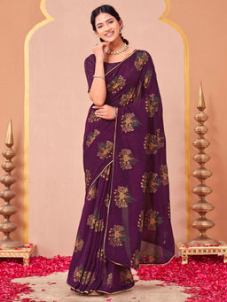 SATRANI - Wine Silk Blend Embroidered Saree with Unstitched Blouse