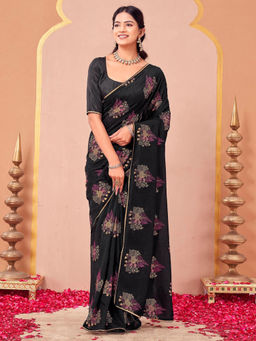 SATRANI - Black Silk Blend Embroidered Saree with Unstitched Blouse