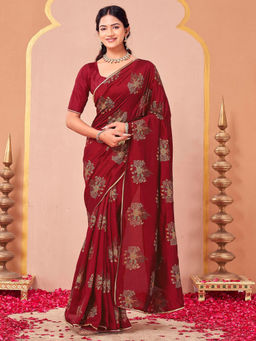 SATRANI - Maroon Silk Blend Embroidered Saree with Unstitched Blouse