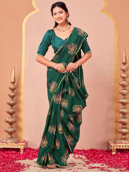 SATRANI - Green Silk Blend Embroidered Saree with Unstitched Blouse