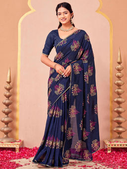 SATRANI - Navy Blue Silk Blend Embroidered Saree with Unstitched Blouse