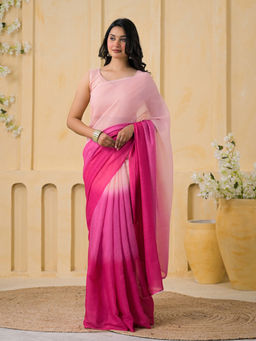 SATRANI - Pink Colorblock Linen Solid/Plain Saree with Unstitched Blouse