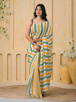 SATRANI - Multi-Colour Stripes Linen Printed Saree with Unstitched Blouse