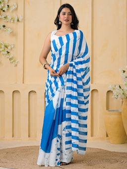 SATRANI - Blue Stripes Linen Printed Saree with Unstitched Blouse