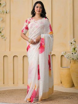 SATRANI - White Floral Linen Printed Saree with Unstitched Blouse