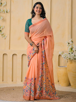 SATRANI - Peach Floral Linen Printed Saree with Unstitched Blouse