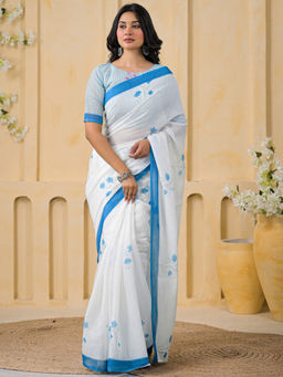 SATRANI - White Floral Linen Printed Saree with Unstitched Blouse