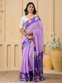 SATRANI - Lavender Floral Linen Printed Saree with Unstitched Blouse