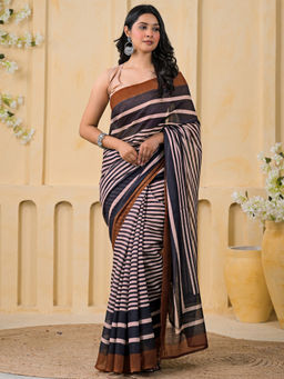 SATRANI - Mauve Stripes Linen Printed Saree with Unstitched Blouse