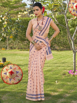 SATRANI - Peach Floral Linen Printed Saree with Unstitched Blouse