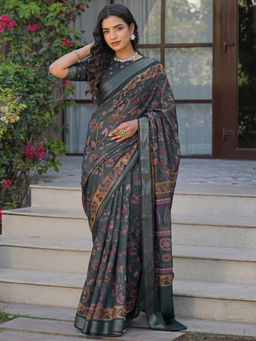 SATRANI - Grey Floral Linen Printed Saree with Unstitched Blouse