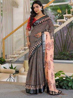 SATRANI - Black Checks Linen Printed Saree with Unstitched Blouse