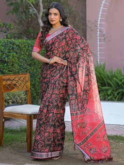 SATRANI - Black Floral Linen Printed Saree with Unstitched Blouse