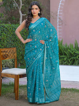 SATRANI - Blue Linen Printed Saree with Unstitched Blouse