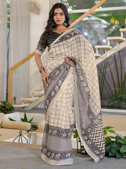 SATRANI - Beige Checks Linen Printed Saree with Unstitched Blouse
