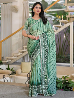 SATRANI - Green Printed Chiffon Printed Saree with Unstitched Blouse