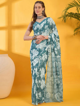 SATRANI - Blue Floral Georgette Printed Saree with Unstitched Blouse