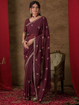 SATRANI - Wine Georgette Embroidered Saree with Unstitched Blouse