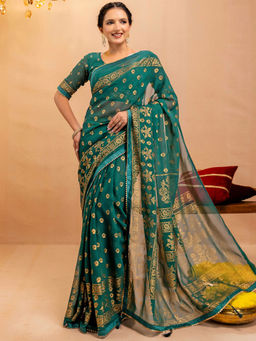 SATRANI - Green Georgette Printed Saree with Unstitched Blouse