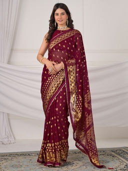SATRANI - Maroon Georgette Printed Saree with Unstitched Blouse
