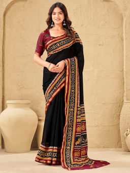 SATRANI - Black Chanderi Printed Saree with Unstitched Blouse