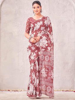 SATRANI - Maroon Floral Georgette Printed Saree with Unstitched Blouse