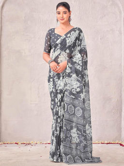 SATRANI - Grey Floral Georgette Printed Saree with Unstitched Blouse
