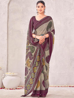 SATRANI - Beige Georgette Printed Saree with Unstitched Blouse