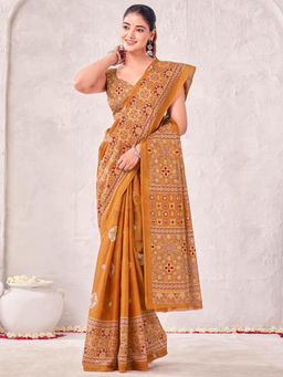 SATRANI - Orange Floral Cotton Printed Saree with Unstitched Blouse