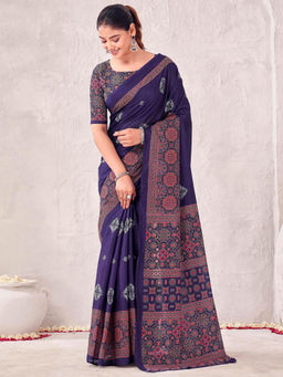 SATRANI - Blue Floral Cotton Printed Saree with Unstitched Blouse