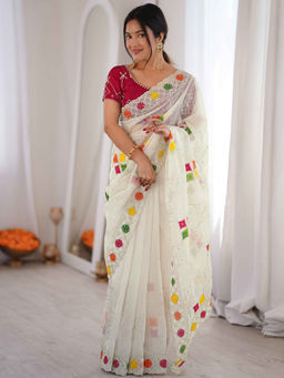 SATRANI - White Tissue Embroidered Saree with Unstitched Blouse