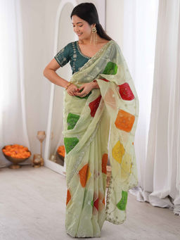 SATRANI - Green Tissue Embroidered Saree with Unstitched Blouse