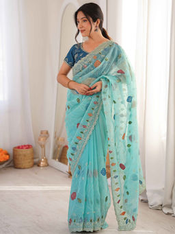 SATRANI - Turquoise Tissue Embroidered Saree with Unstitched Blouse