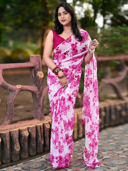 SATRANI - Pink Floral Chiffon Printed Saree with Unstitched Blouse