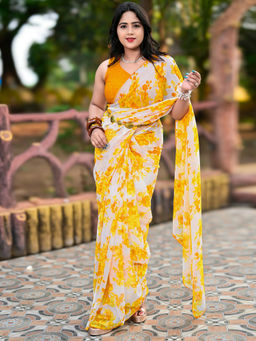 SATRANI - Yellow Floral Chiffon Printed Saree with Unstitched Blouse