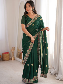SATRANI - Green Georgette Embroidere Saree with Unstitched Blouse