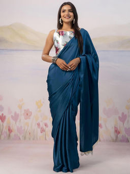 SATRANI - Blue Solid/Plain Satin Solid/Plain Saree with Unstitched Blouse